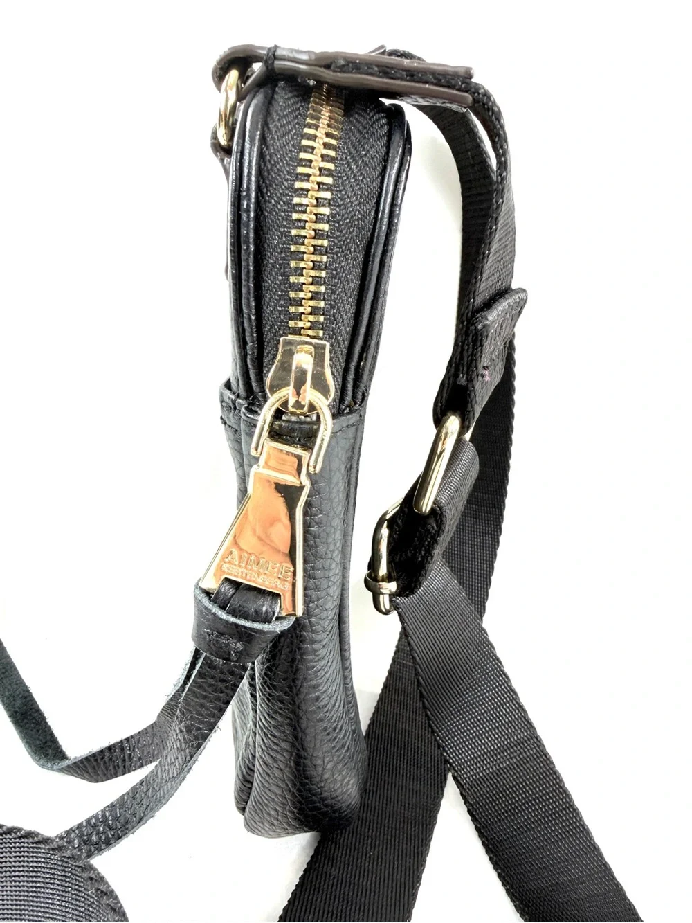 Aimee Kestenberg Black Pebbled Leather Mini Crossbody Bag Brass Zip Around